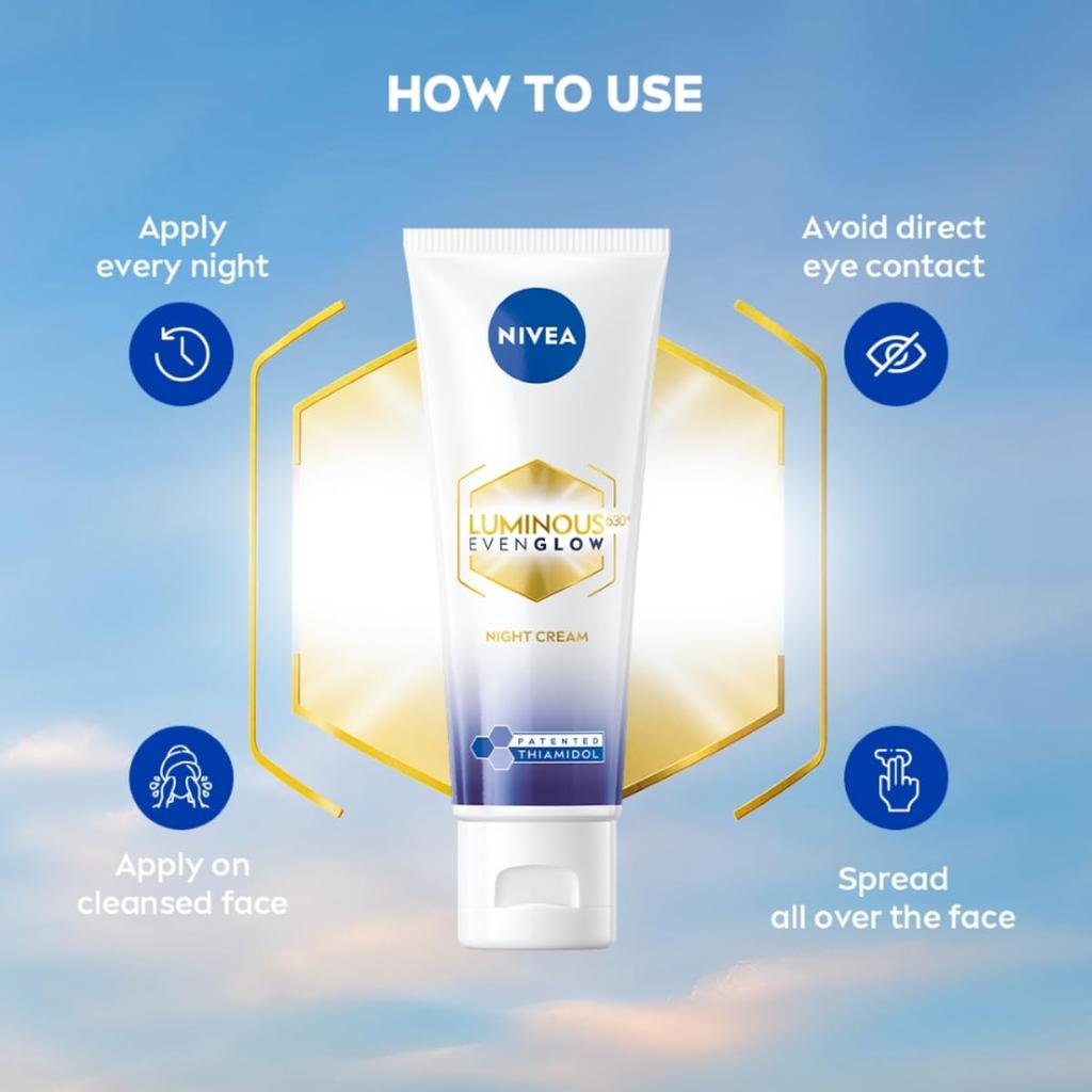 NIVEA Luminous Even Glow Night Creams & Moisturisers with Thiamidol and Hyaluronic Acid for Dark Spots Reduction | 40ml