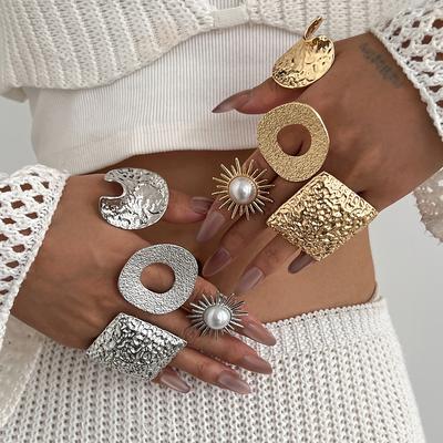 Exaggerated Percussion Pattern Irregular Opening Ring Female, Geometric Ring Imitation Pearl Ring