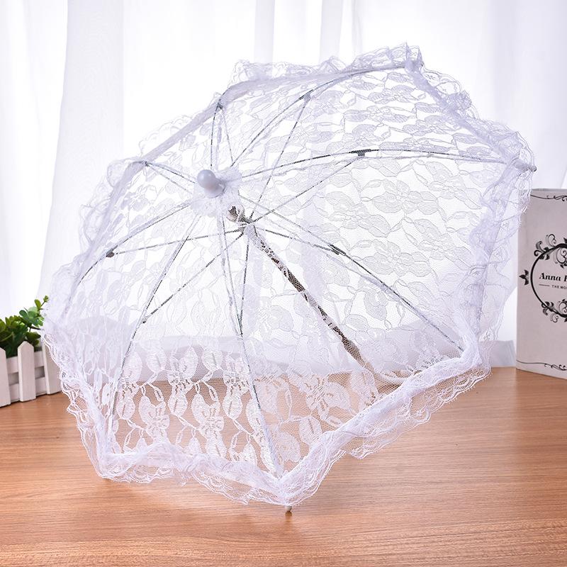 European White Lace Wedding Flower Girl Umbrella - Small Size with Stainless Steel Long Handle.
