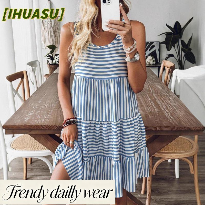 IHUASU Fashion Summer Spring Sleeveless O-Neck Casual Dresses