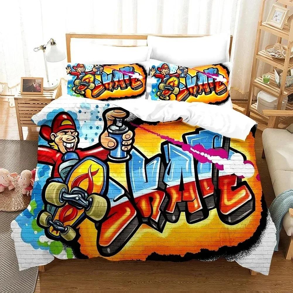 Comforter Cartoon Style Hip-Hop Graffiti Bedding Set 3D Printed Suitable For Bedroom Kids Home Textile