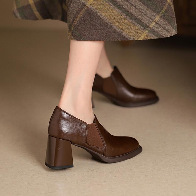 Fashion NEW Spring/Autumn Women Pumps Square Toe Chunky Heel Shoes Split Leather Shoes for Women Concise Slip-on Handmade Women Shoes