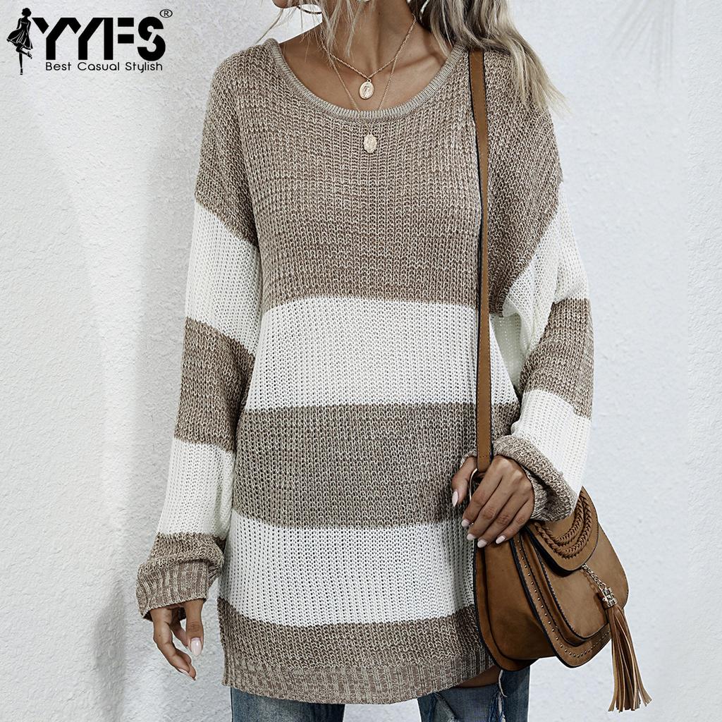 YYFS Women's Fashion Stripe Print Autumn Winter Long Sleeve O-Neck Sweaters