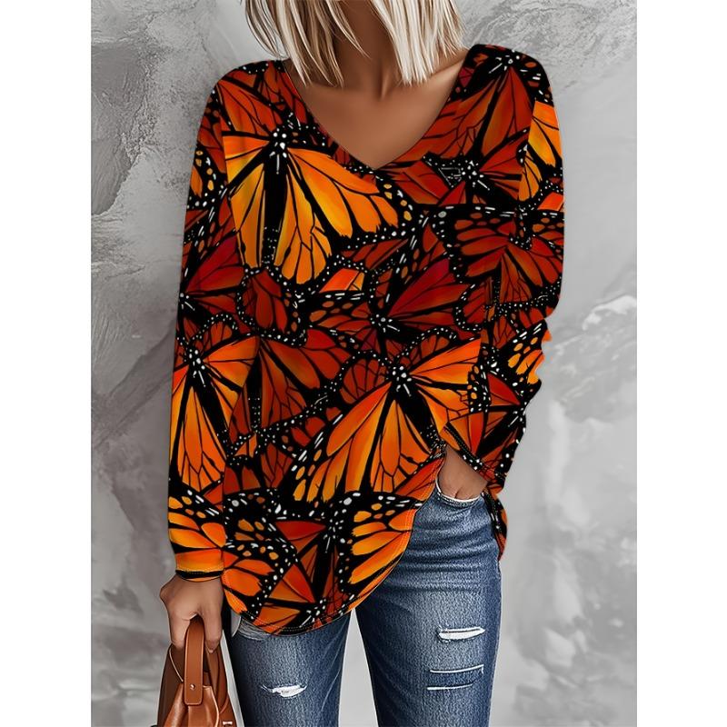 Plus Size Women's Autumn/Winter Arrival Fashion Printed Casual V-Neck Long Sleeve T-Shirt
