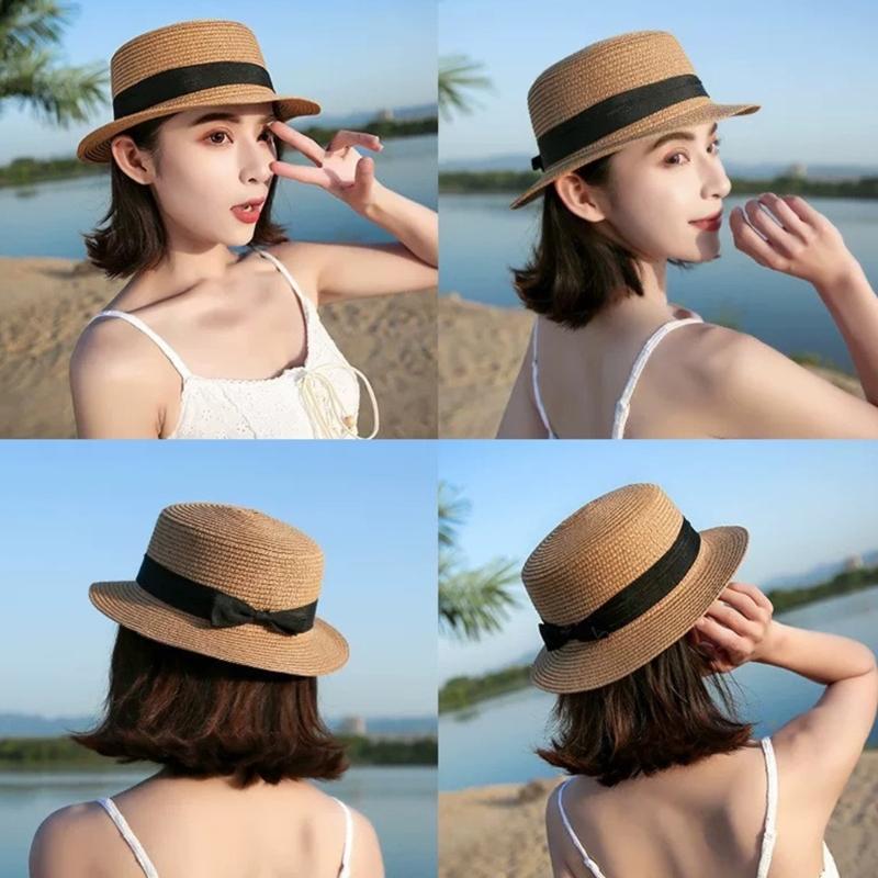 Elegant Straw Hat With Bows Detail Comfortable Women's Straw Garden Headwear For Bridal Party Church Occasion