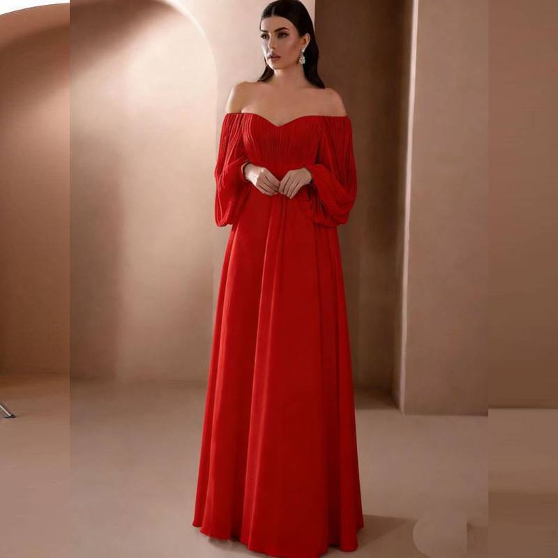 Elegant One Shoulder Long Sleeve Chiffon Dress For Wedding And Party With Classic Style For Women