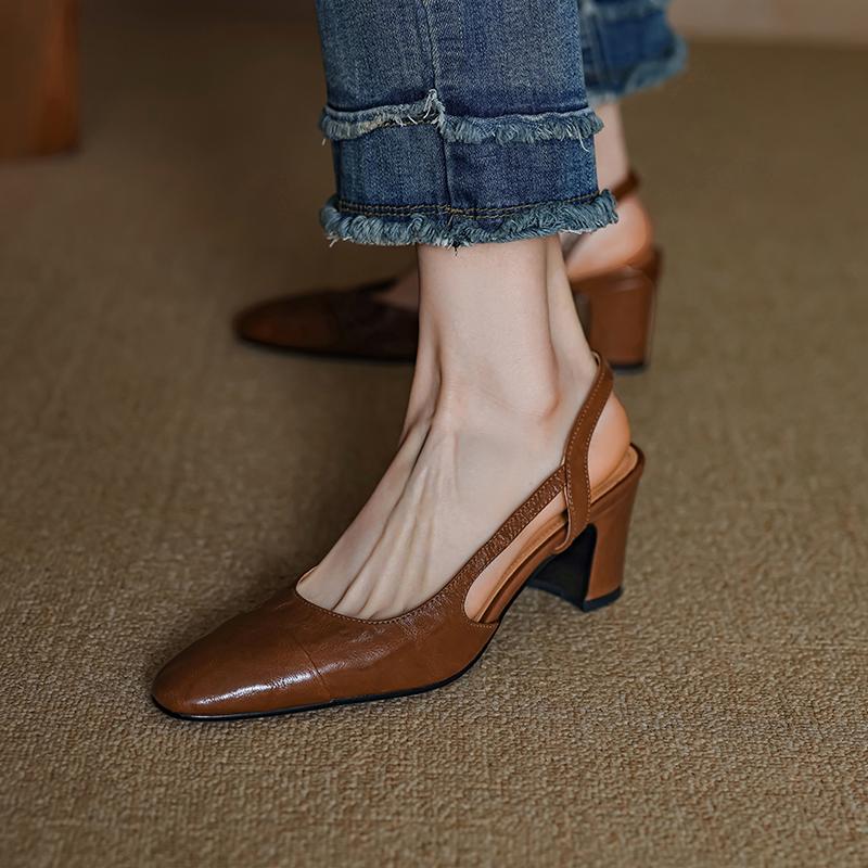 Fashion NEW Summer Women Sandals Genuine Leather Shoes for Women Cover Toe Slingback Shoes Narrow Band Square Toe High Heel Women Shoes