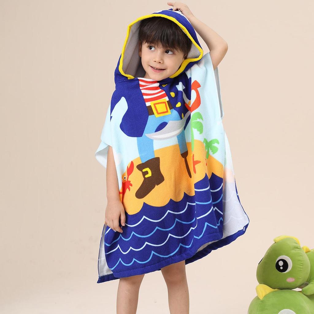 Ultra-Fine Fiber Cartoon Print Kids' Hooded Bath Towel Poncho