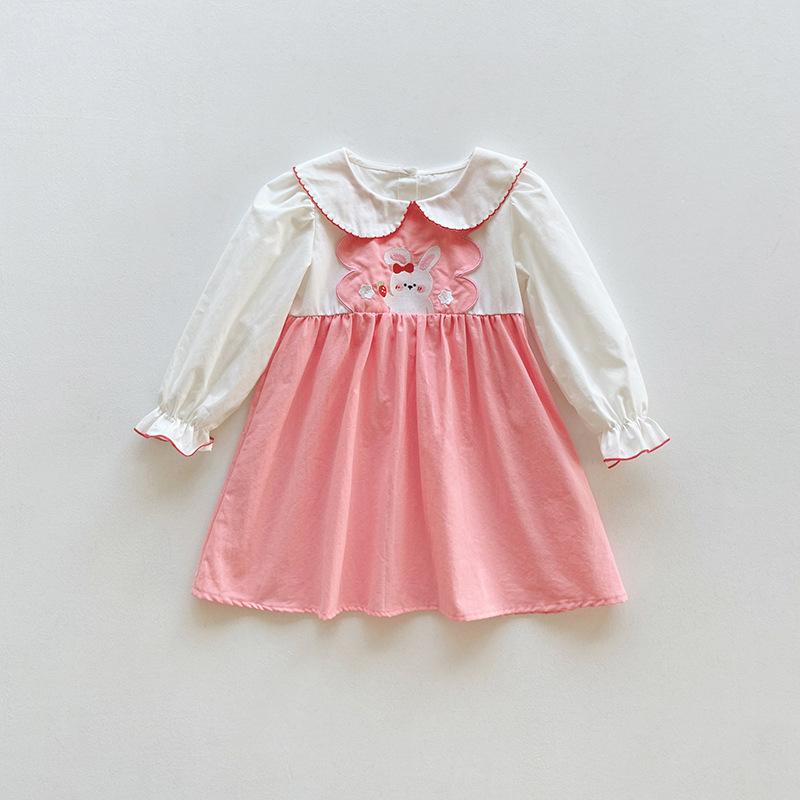 Sweet Baby Girl Dress Spring Cotton Long Sleeve Rabbit Embroidery Peter Pan Collar Toddler Princess Dress For Kids