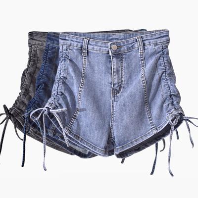 Youthful Skinny Fashionable and Versatile Summer High Waist Elastic Wide Leg Slim Thin Pants Design Sense Side Folds Drawstring Denim Shorts Female