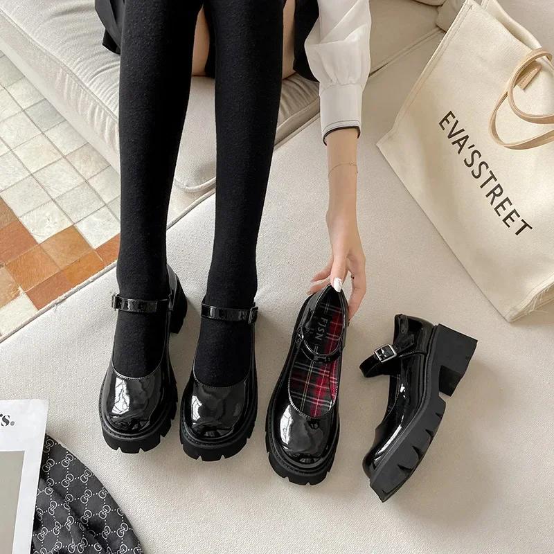 New Patent Leather Platform Mary Janes Shoes Women Plaid Inside High Heel Pumps Round Toe Punk Gothic Shoes Luxery Shoes Women