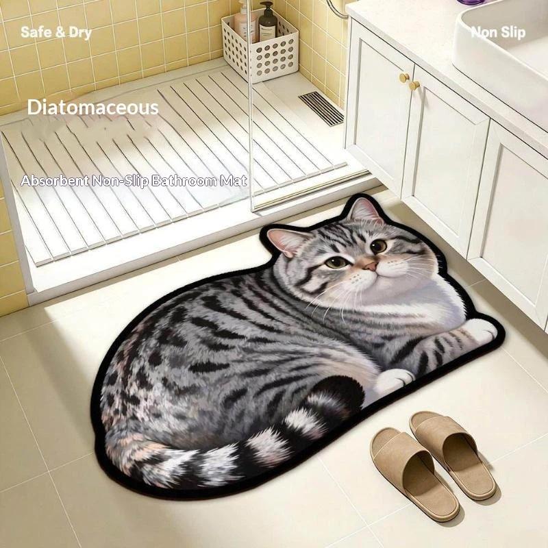 Diatomite Bath Mat Kawaii Cat Print Non Slip Super Absorbent Odor Resistant for Home Bathroom Shower Use