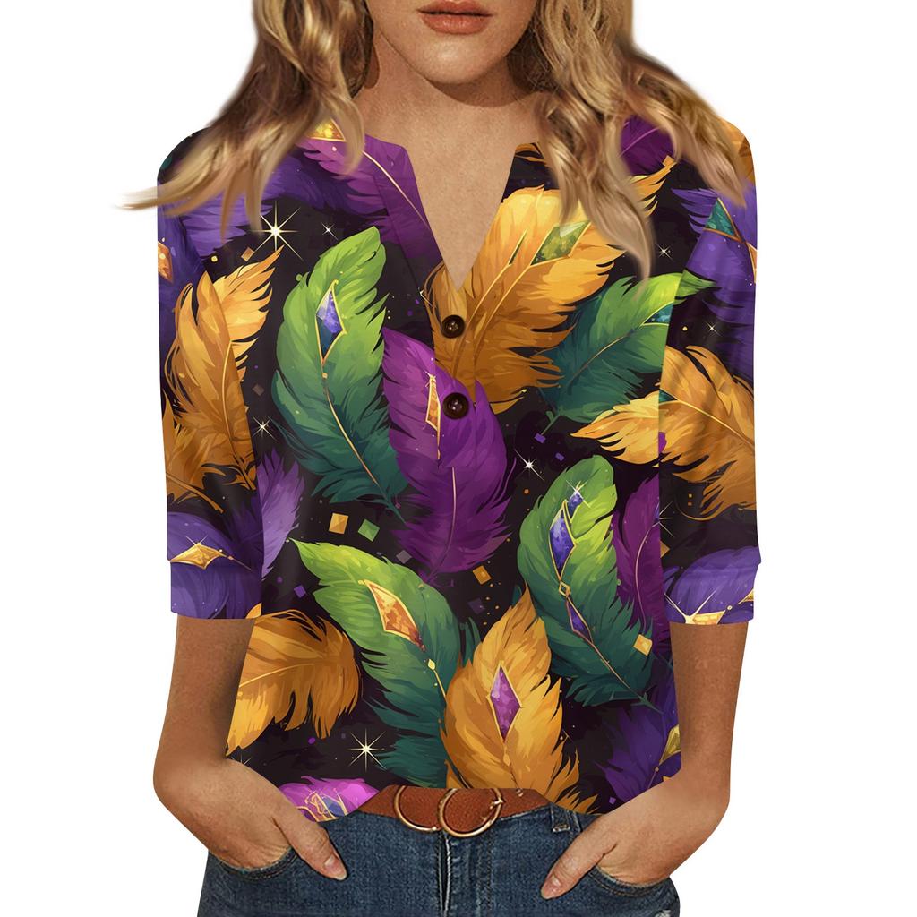 Women's Carnival Printed Fashionable Casual V-neck Button Seven Inch Sleeve T-shirt Top
