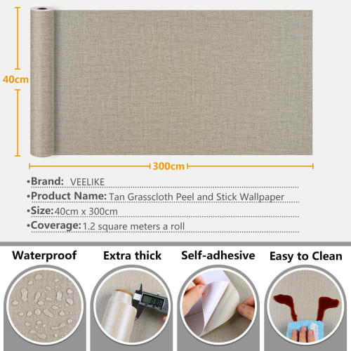 VEELIKE Wallpaper Stickers, Greige, Woven Fabric, Japanese Style, Rough Surface, 40cm Wide x 3m, Heat-Resistant, Waterproof, Peelable, Tabletop, Accen