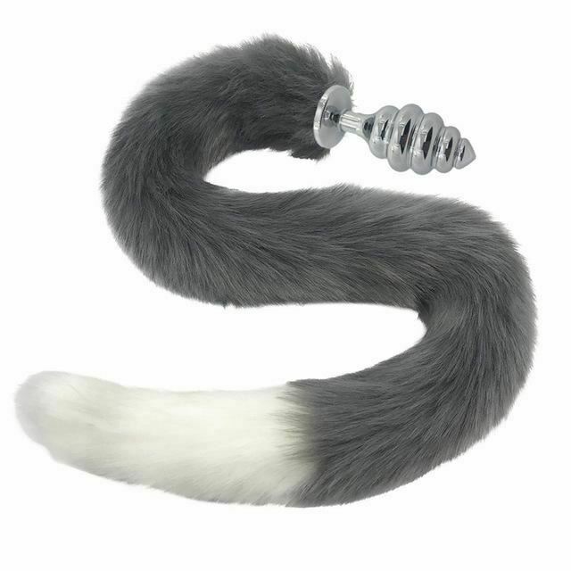 80Cm Long Grey White Fox Tail Cosplay Anal Butt Plug  Pet Play Butt Plug Tails