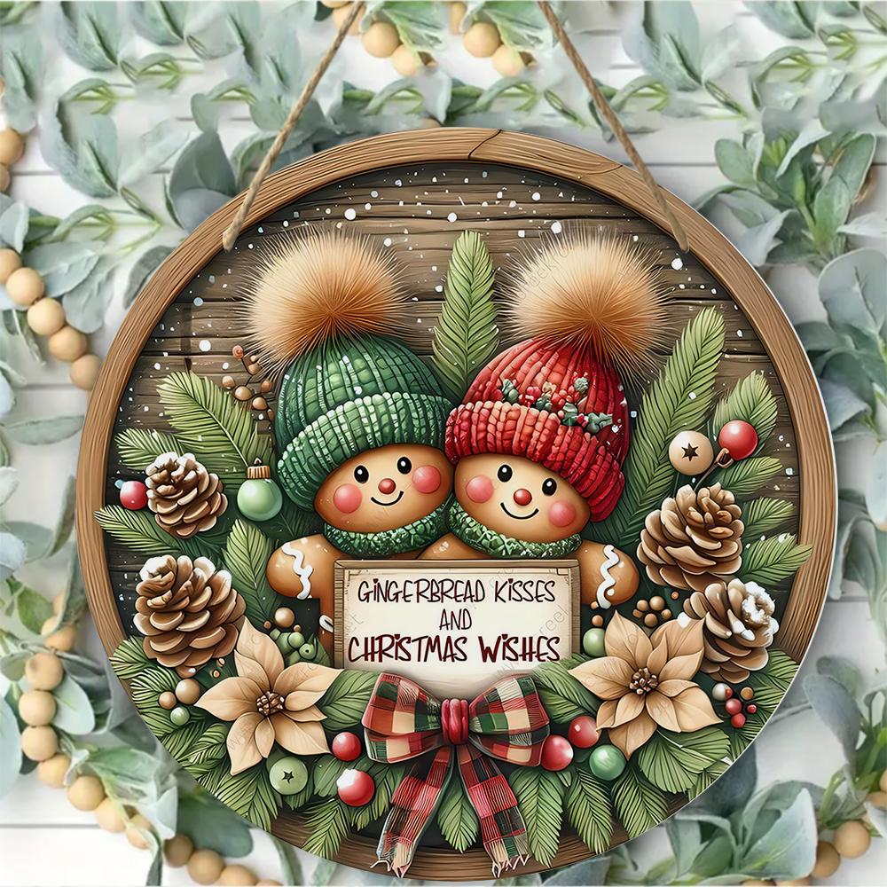 Gingerbread couple Christmas decor Round Wooden Hanging Plaque festive wall sign rustic holiday ornament for front door home party supplies