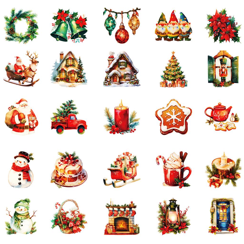 50 PCS Vintage Christmas Stickers - Holiday Decals for Phones, Luggage, Party Decor