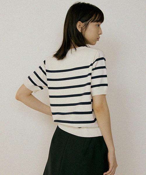 Lingseoul Stripe Round Knit Top-Ivory+Navy