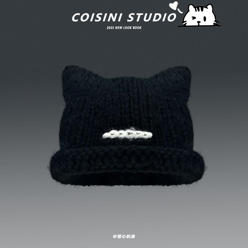 

Korean version of cute cat ear knitted ear hat women s warm and versatile cold-proof pullover hat student couple tide M（56-58cm） чорний
