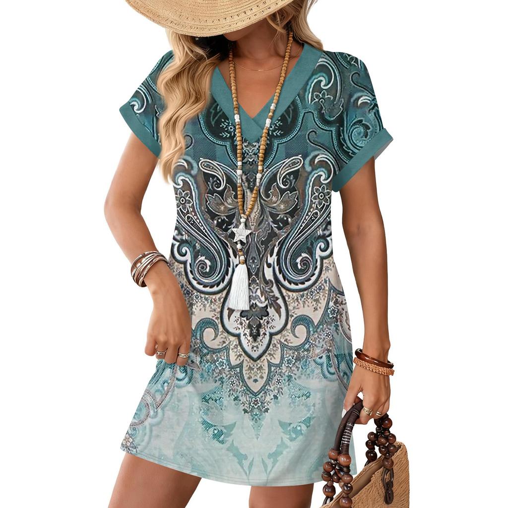 Women's Fashionable Floral Print V-neck Short Sleeved Pocket Casual Pullover Dress