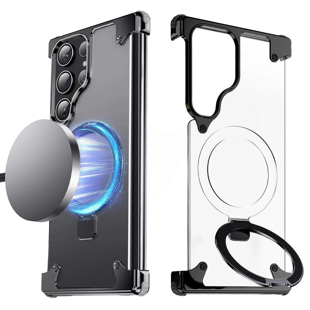 Luxury 120 Degree Rotating Stand PU Leather Phone Case for Samsung S24 S23 Ultra Wireless Magnetic Charging Shockproof Cover
