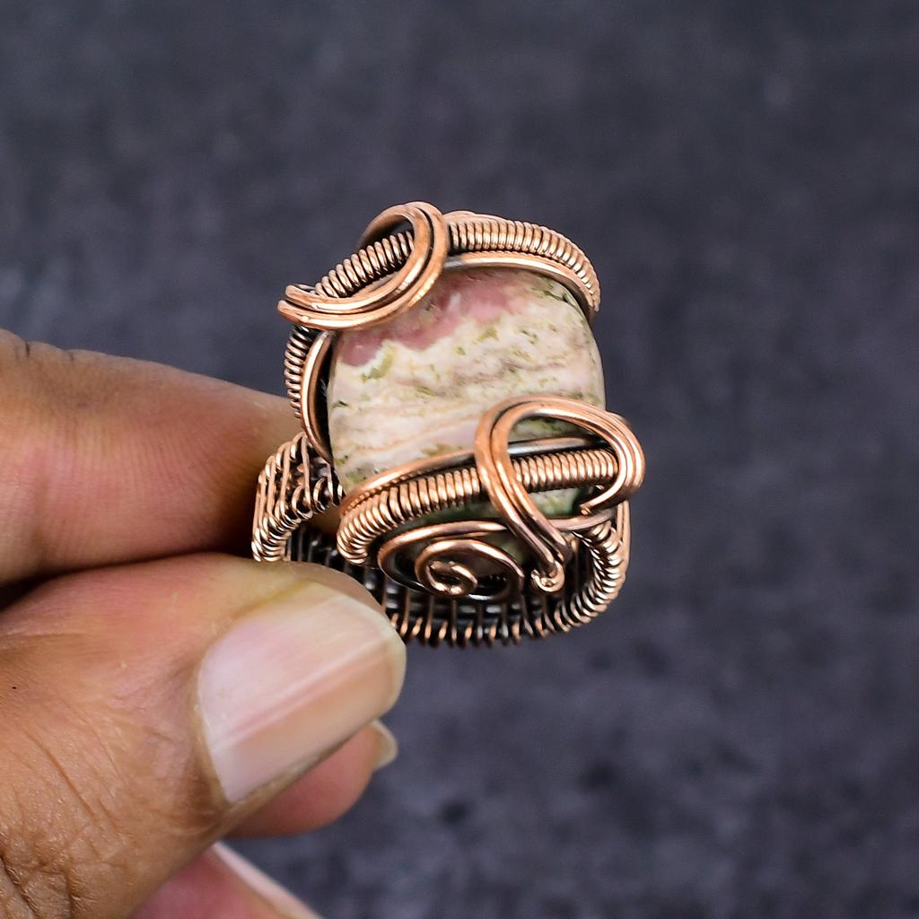 Natural Rhodochrosite Gemstone Copper Wire Wrap Jewelry Ring Size 8.5 ET-4661