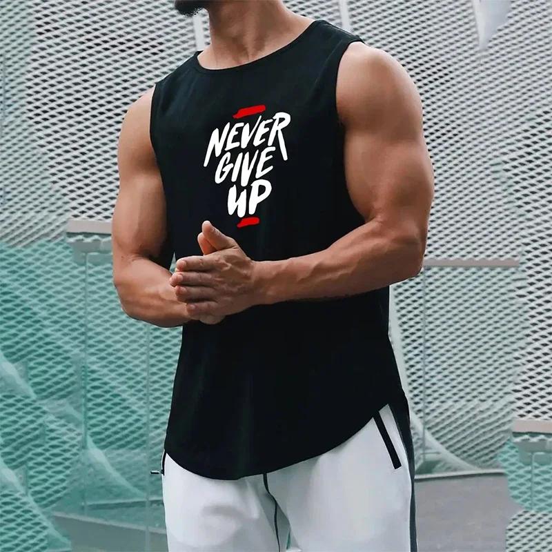 Muscleguys Never Give Up Mens Training Exercise Sleeveless T-shirts Loose Mesh Quick-Drying Running Muscle Bodybuilding Fitness Sports Vest
