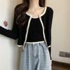 French Xiaoxiangfeng new knitted cardigan round design sweater splicing new temperament thin top