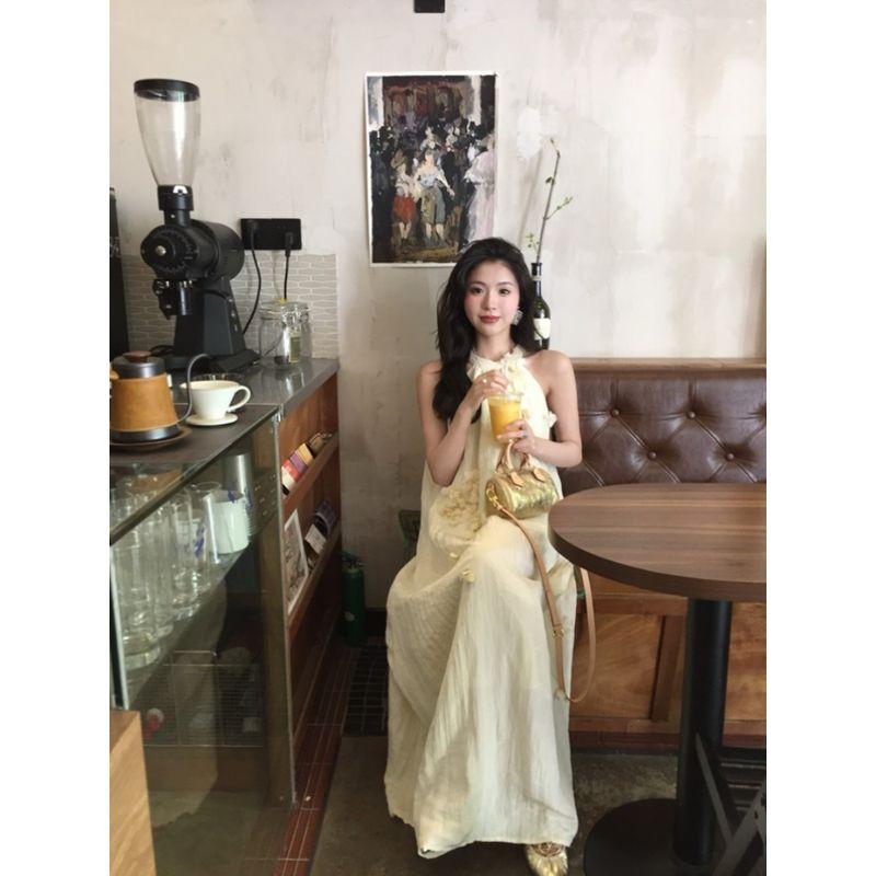 Three-Dimensional Halterneck Summer Elegant Loose A- Line Skirt Flowers