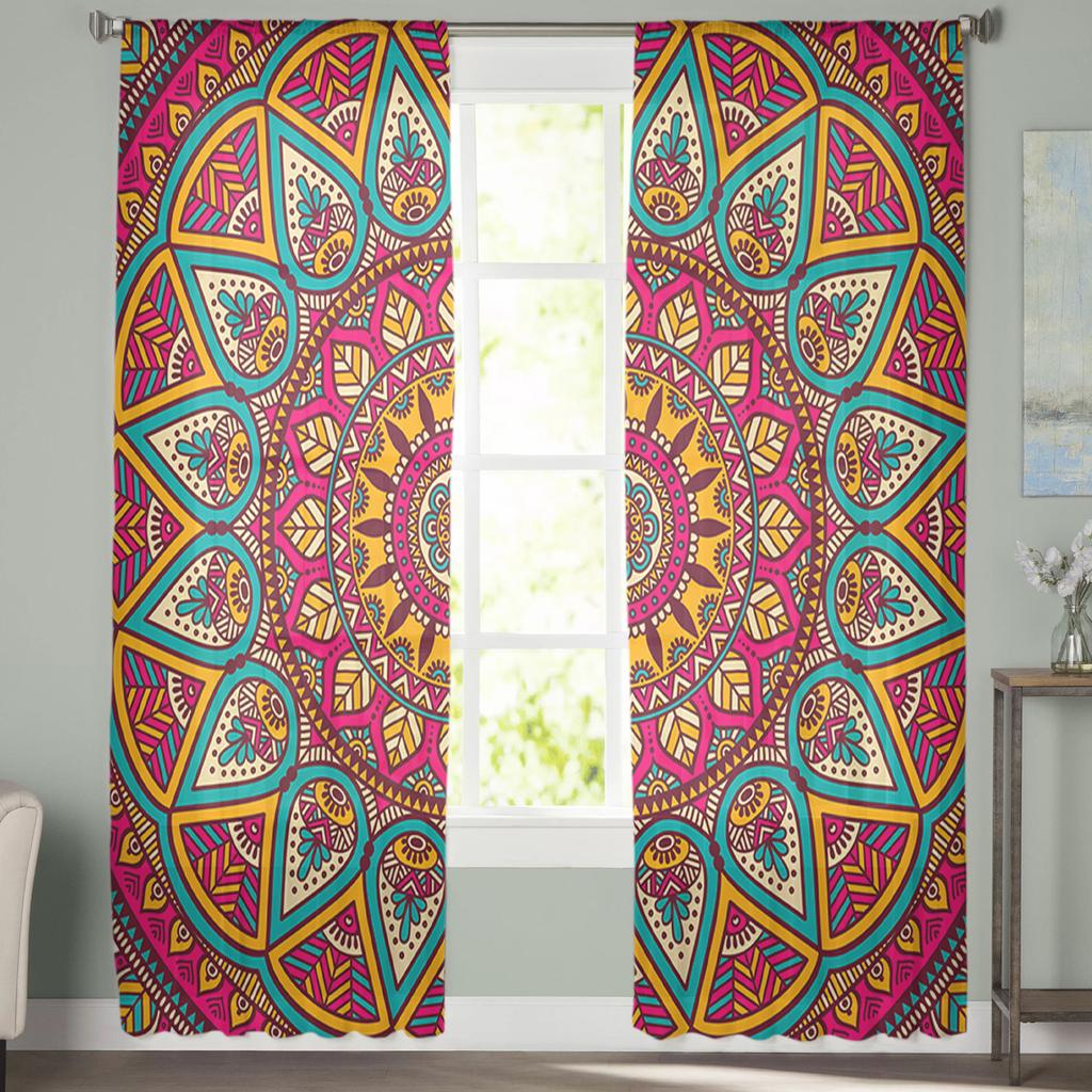 Mandala Bohemia Red Tulle Sheer Window Curtains for Living Room Kitchen Children Bedroom Voile Hanging Curtain