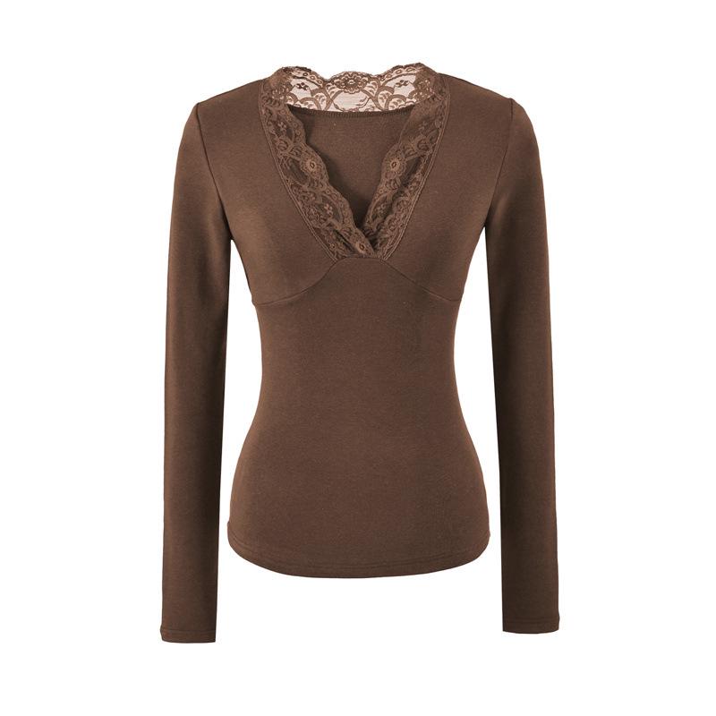 Korean Style Lace Trim V-Neck Slim-Fit Fleece Long Sleeve Women s Top Large кофейный