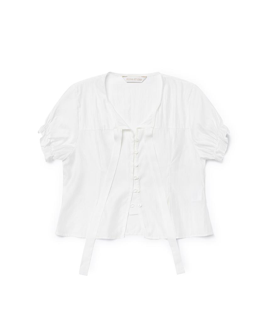 PLUNASTUDIO Puff Tie Short Sleeve Blouse (White)