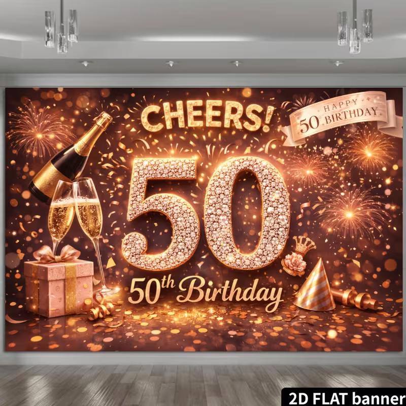 2D Rose Gold 50th Birthday Backdrop Shiny Diamond Number 50 Photography Banner