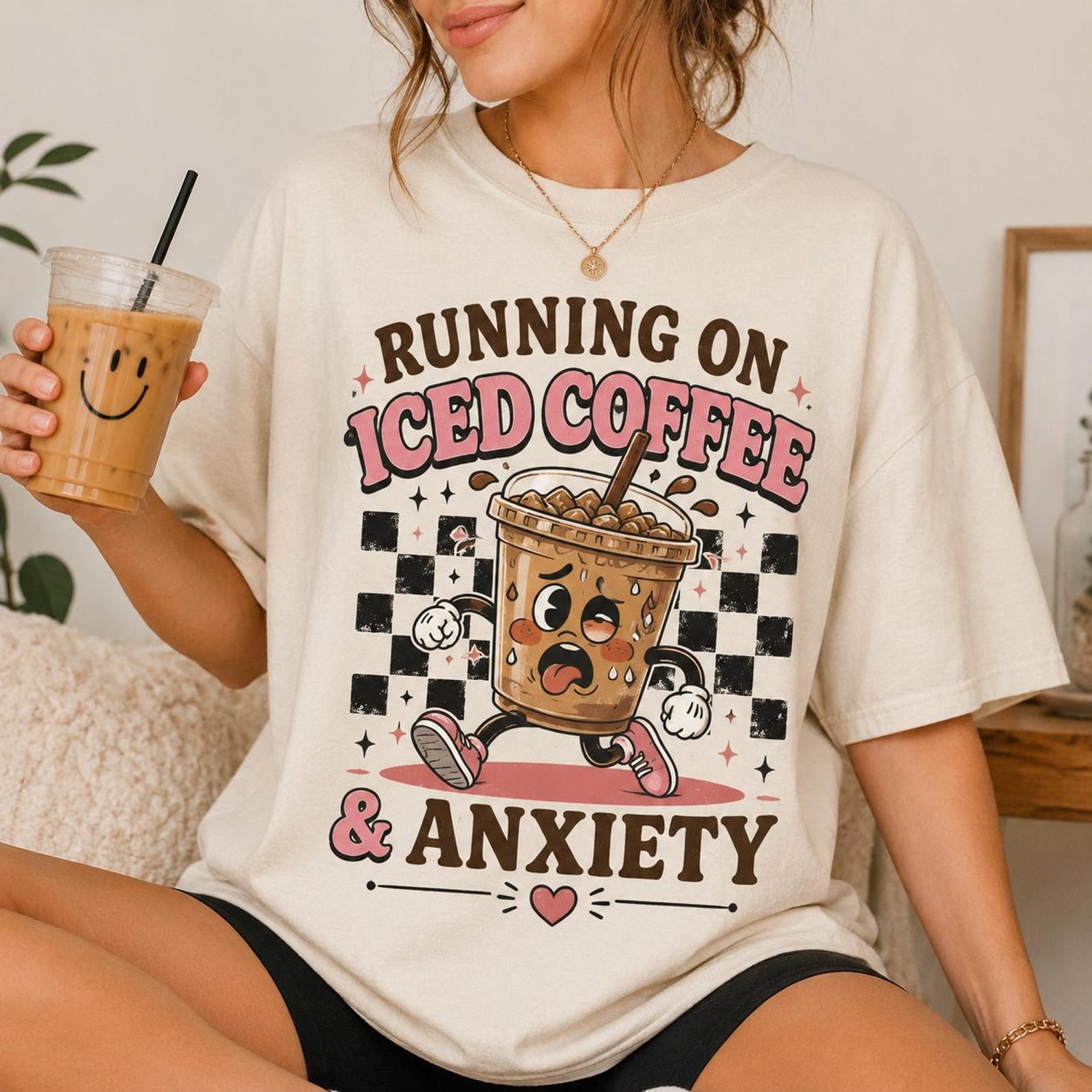 Running On Iced Coffee & Anxiety Shirt | Funny Coffee Lover Tee | Retro Anxiety T-Shirt | Comfort Colors Graphic Tee | Sarcastic Gift L