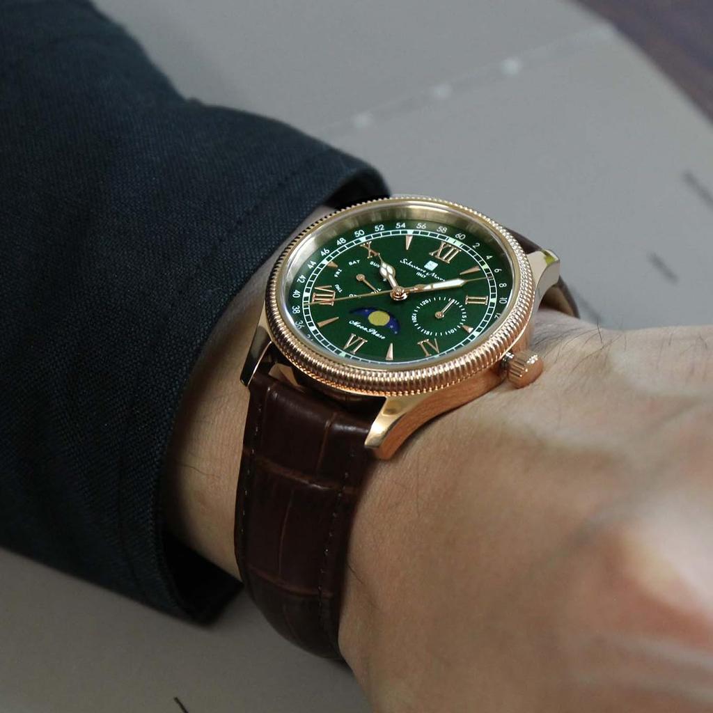 Salvatore Marra Men's Moon Phase Multi-Calendar Watch, 5 ATM Water Resistant, Leather Strap, Limited Edition, Pink Gold and Green, SM24110-PGGR