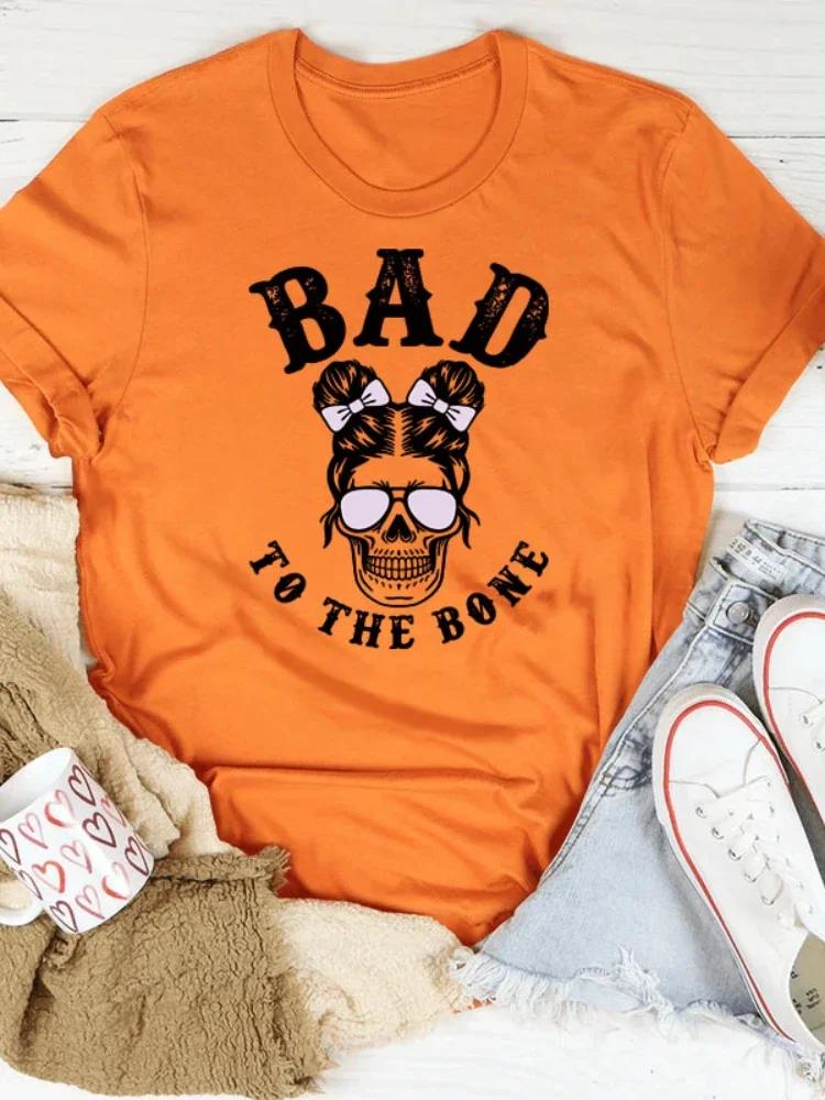 BAD TO THE BONE Skull Head Print Women T Shirt Short Sleeve O Neck Loose Women Tshirt Ladies Tee Shirt Tops Camisetas Mujer