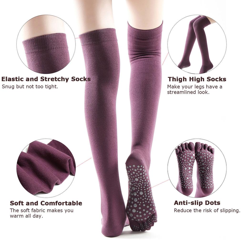 Women Thigh High Toe Socks Five Finger Striped Anti-slip Leg Warmer Dance Yoga Long Boot Stockings