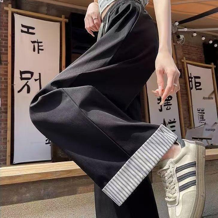 

Striped High-Waisted Wide-Leg Petite Pants for Women - Summer Style, Ice Silk, Slimming, Casual, Nine-Tenths Length M (Recommended for 80-100 lbs)