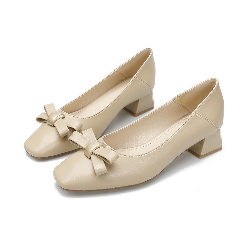 Spring 2025 new square head medium heel single shoes women's thick heel high heels temperament soft leather fashion bow women's shoes