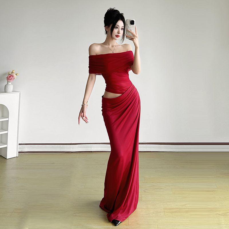 

# Sisjuly# Платье винного цвета с открытыми плечами, пэчворк, с короткими рукавами, женское, плиссированное, с завышенной талией, открытое, длиной до пола, трендовое Wine Red S