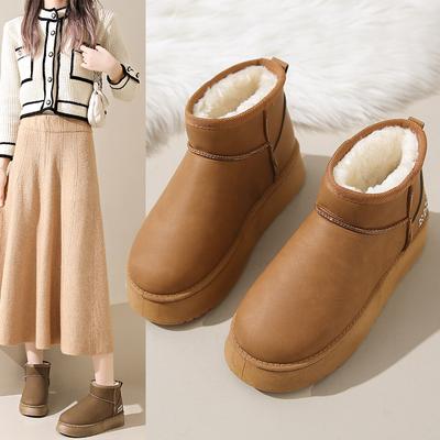 New Leather Waterproof Autumn and Winter Platform Snow Boots Women's Fashion All-Matching Fleece-lined Thickened Short Insulated Cotton-Padded Shoes