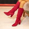 Fashion Elegant Cream White Faux Suede Knee Boot Woman Point Toe Block Heel Pull-on Long Booties Ladies Autumn Pleated Design High Botas