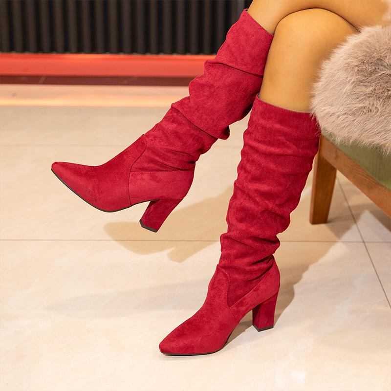 Fashion Elegant Cream White Faux Suede Knee Boot Woman Point Toe Block Heel Pull-on Long Booties Ladies Autumn Pleated Design High Botas