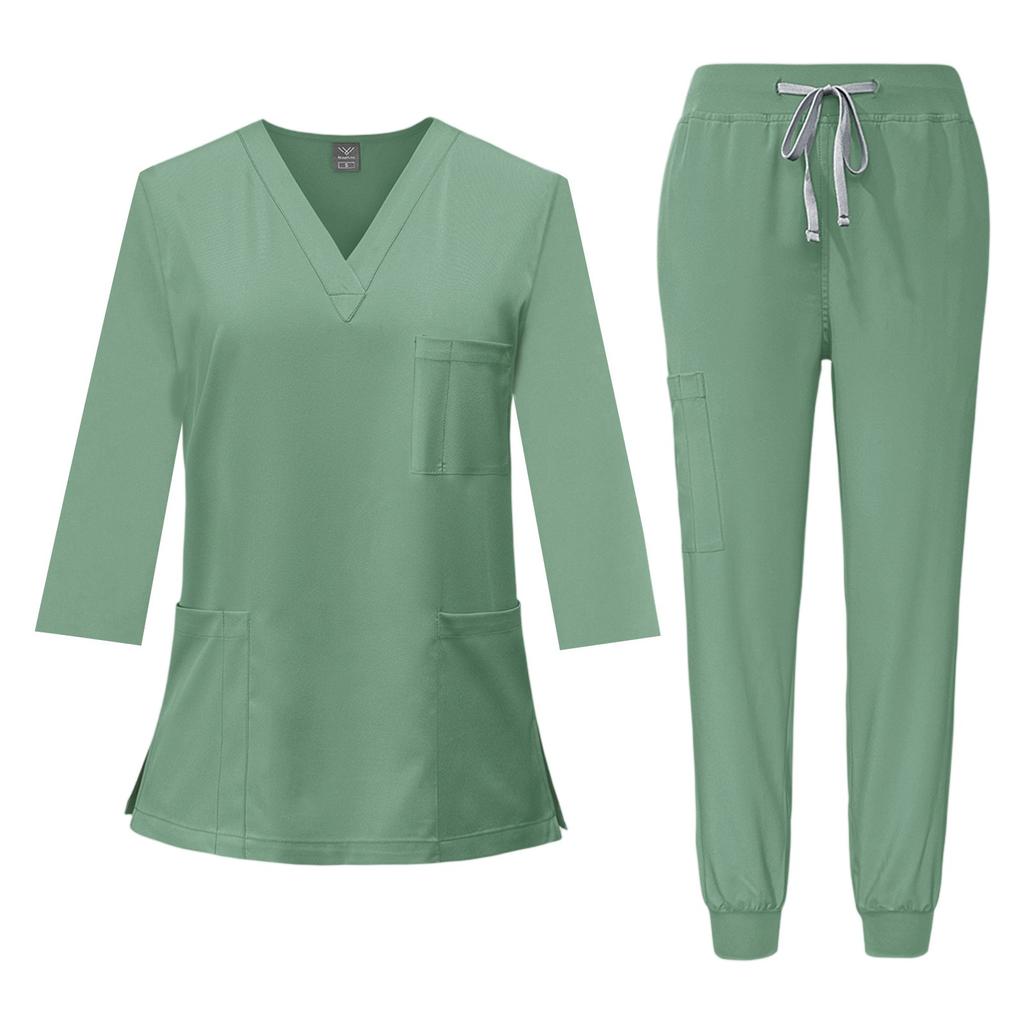 Women's Quick Drying Fabric Solid Color V-neck Pocket Three-quarters Sleeve Pants Set Workwear