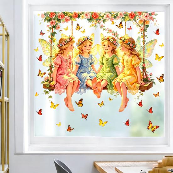 Fairy Window Sticker, Watercolor 4 Fairies Swing Window Cling, Colorful Flowers Butterflies Static Glass Decal for Kids Room Bedroom