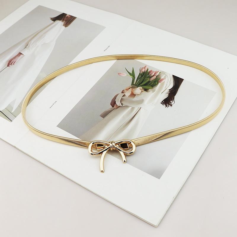 

Новый модный женский ремень с застежкой-бабочкой спереди, эластичный тонкий эластичный ремень с бантом на талии золотой