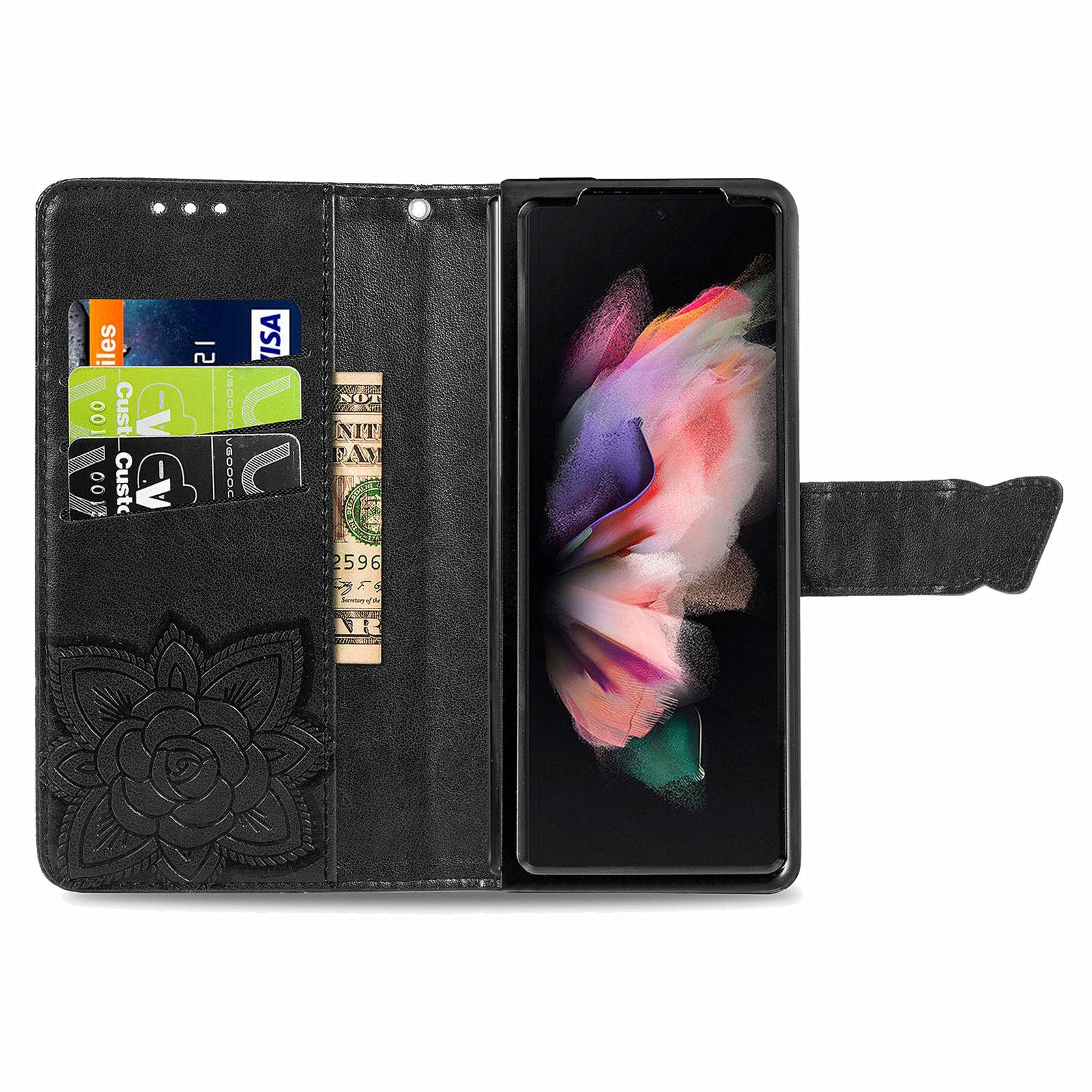 

For Samsung Galaxy Z Fold5 5G Butterfly Imprinted Stand Wallet Case PU Leather Fully Wrapped Phone Cover Black