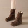 Fashion Retro Single Boot Fall New Round Toe Side Zip Metal Buckle Suede Platform Non-Slip Block Heels