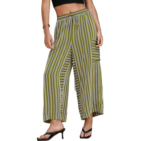 Pantaloni da donna Vita elastica Coulisse Gamba larga Casual Pantaloni estivi con tasche Stampa a righe Pantaloni lunghi Viaggio Abbigliamento quotidiano
