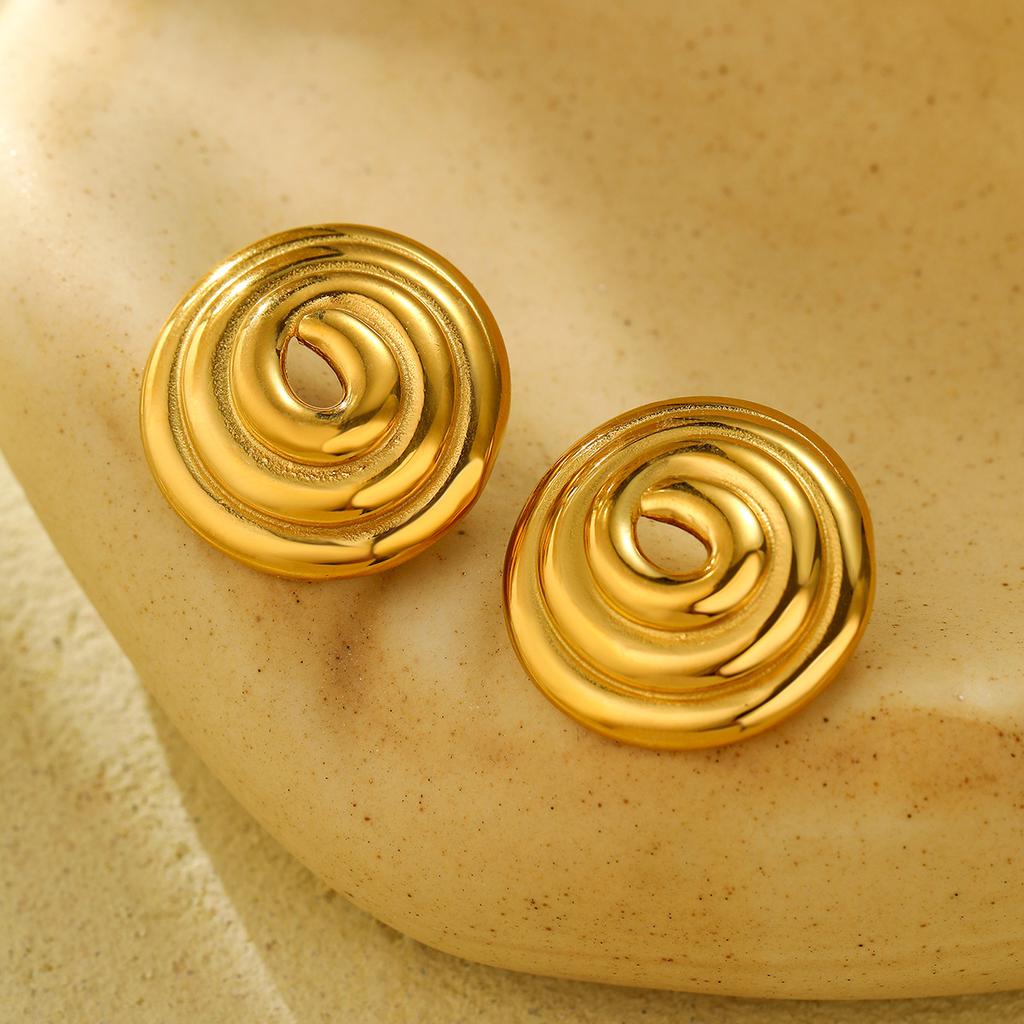 GEMCHIC Women's Hollow Spiral Thread Circle Stainless Steel Earrings Luxury Gold Studs